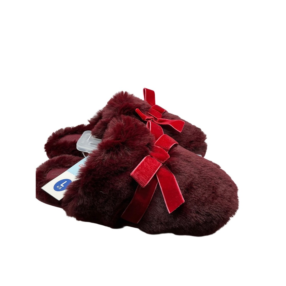 Cat & Jack Girls Burgundy‎ Faux Fur Slippers Velvet Bow Size L 4/5 Kids New